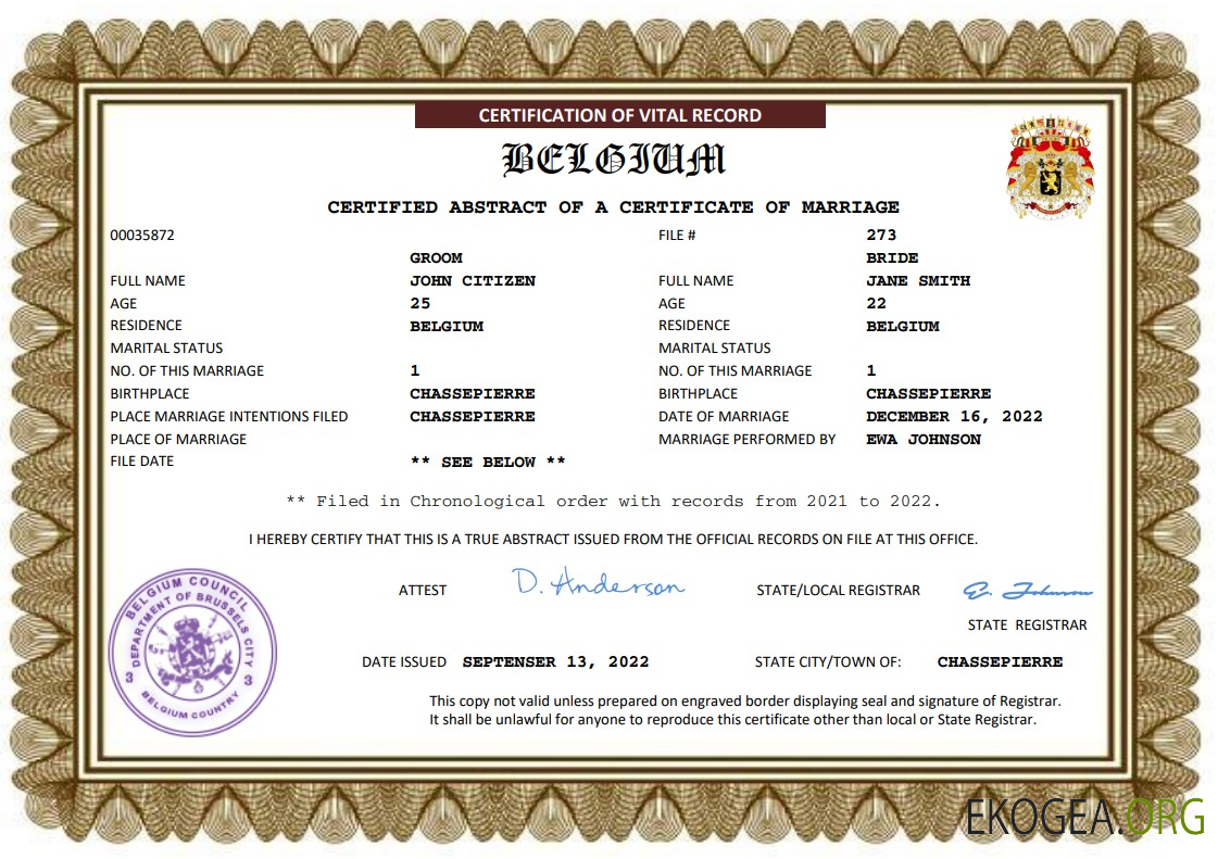 Modèle Word et PDF d'acte de mariage belge